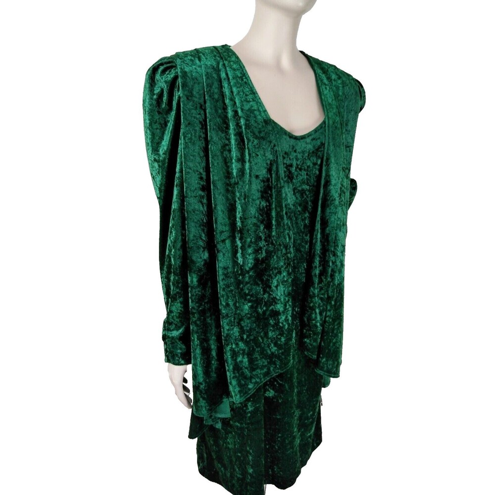 Vintage 80s Emerald Green Crushed Velvet Dress & Jacket Set Size 8 David Rose